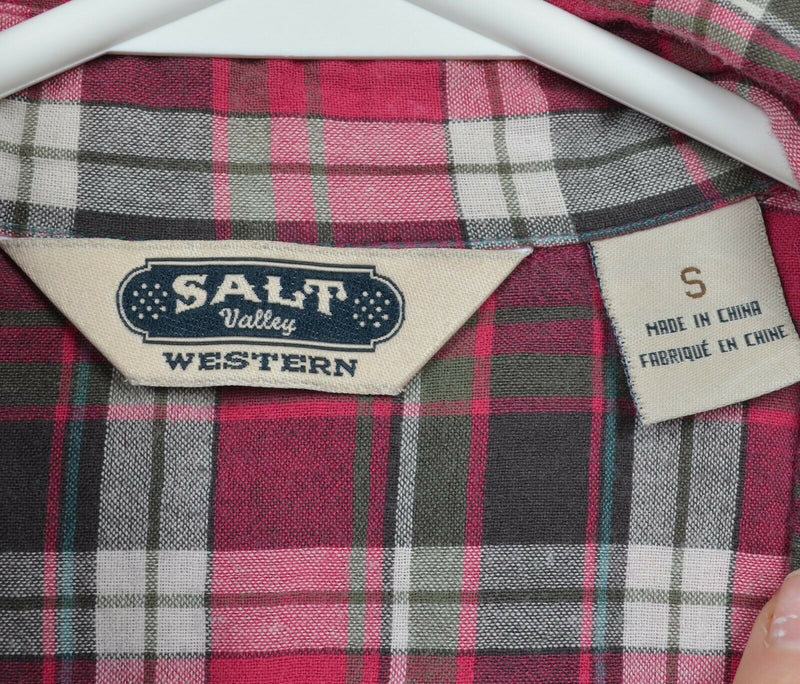 Salt Valley Western Men's Small Pearl Snap Pink/Red Plaid Rockabilly Shirt