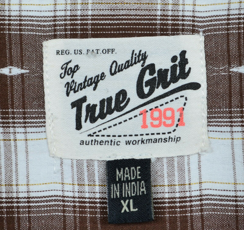 True Grit Men's XL Pearl Snap Brown Striped Plaid Western Rockabilly Shirt