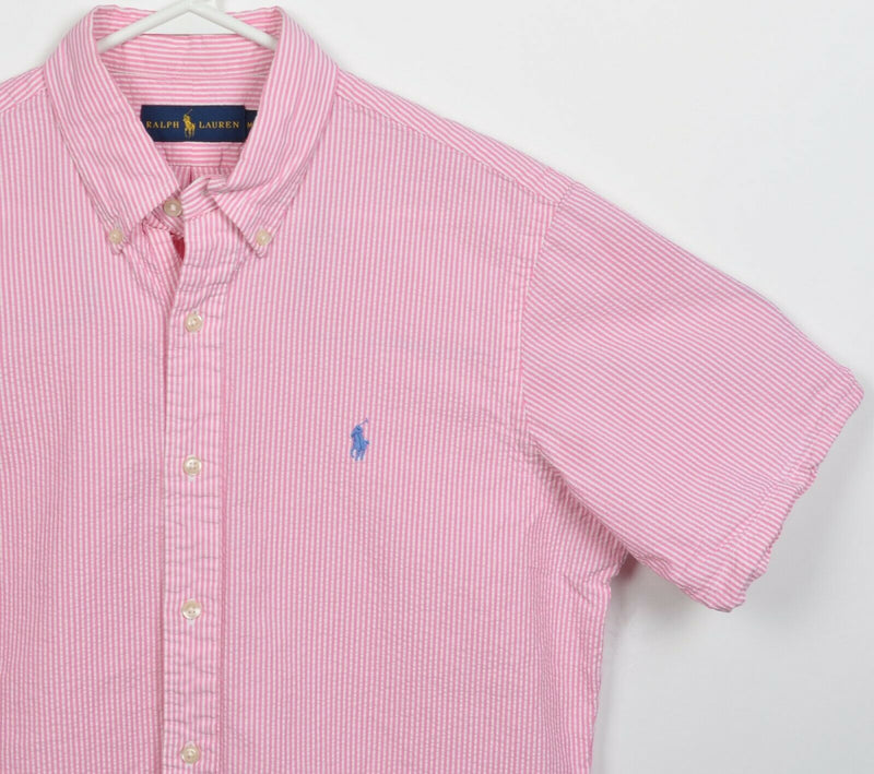 Polo Ralph Lauren Men's Medium Seersucker Pink Striped Pony Button-Down Shirt