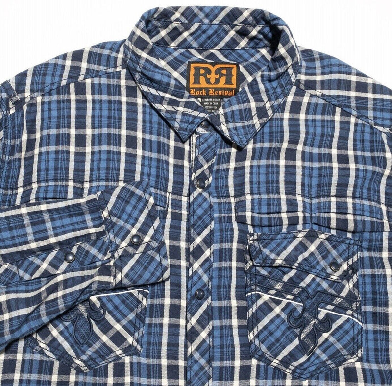 Rock Revival Shirt 2XL Men's Pearl Snap Blue Plaid Logo Western Rockabilly