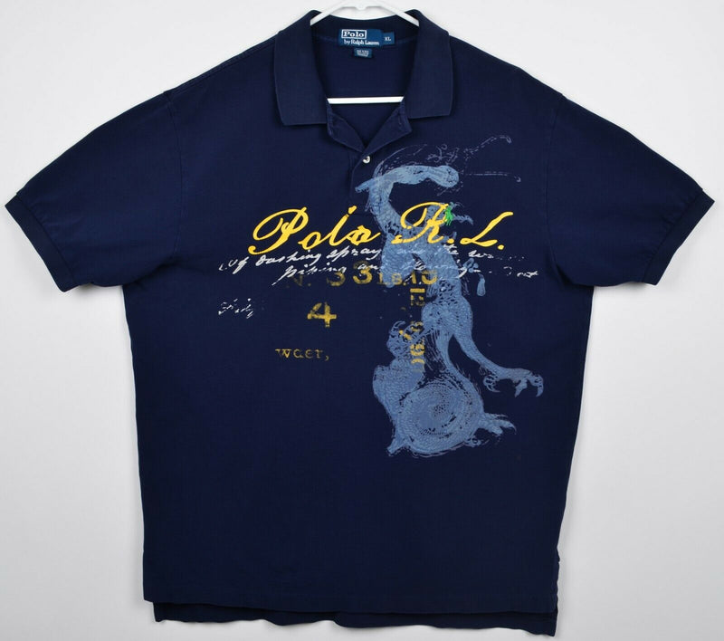 Polo Ralph Lauren Men's XL Dragon Navy Blue Paint Print Graphic Pony Polo Shirt