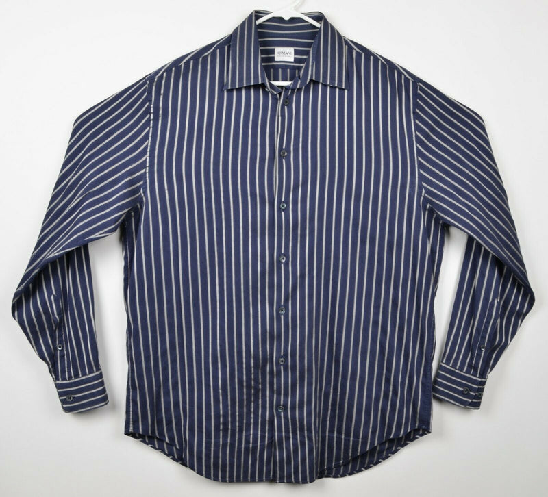 Armani Collezioni Men's Large Navy Blue Silver Striped Cotton Nylon Blend Shirt
