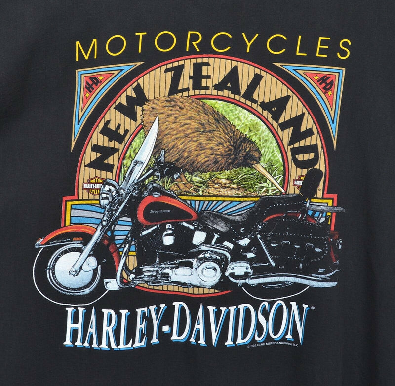 Vintage 90s Harley-Davidson Men's XL New Zealand Kiwi Motorcycle Black T-Shirt