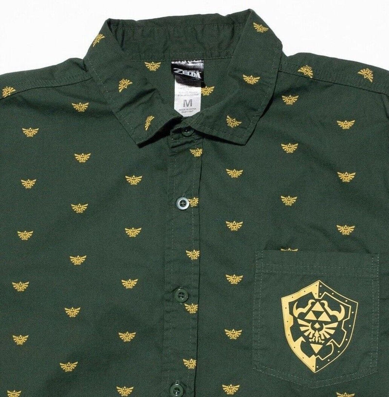 Legend of Zelda Shirt Medium Men's Button-Front Green Geometric Short Sleeve
