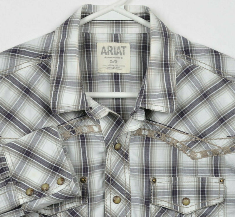 Ariat Men's Large Retro Fit Pearl Snap Gray Plaid Western Rockabilly Shirt