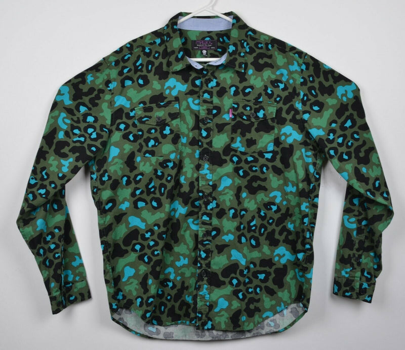 MNWKA Miska Men's Large Leopard Print Camouflage Green Button-Front Shirt