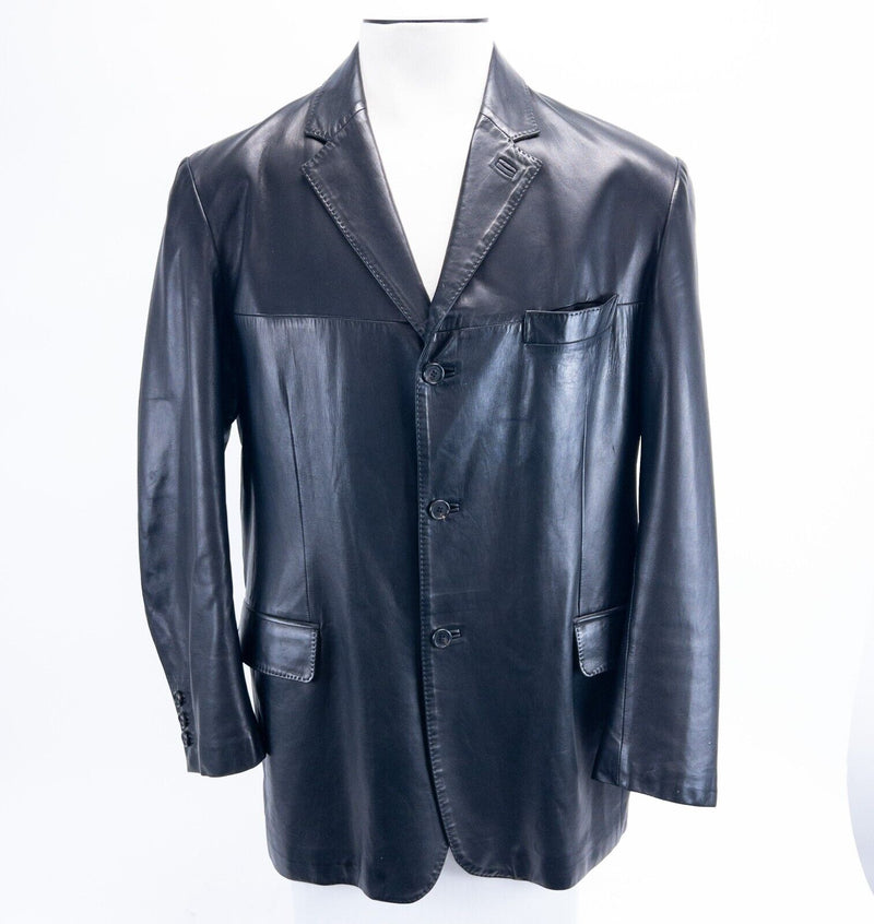 Brioni Leather Jacket Mens Chest 48 Tailored Button-Up Black Italy Soft Designer