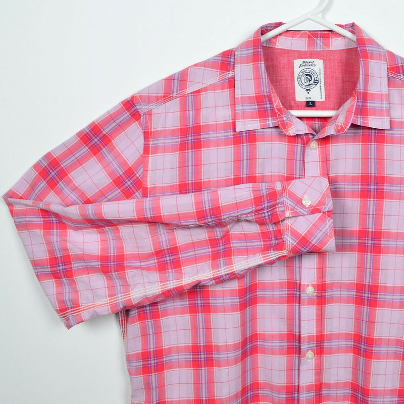 Diesel Men's Large Pink Red Plaid Casual Long Sleeve Button-Front Shirt