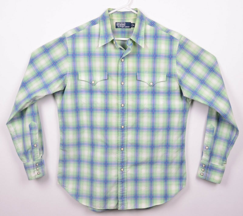 Polo Ralph Lauren Men's Medium Pearl Snap Green Blue Pink Plaid Western Shirt