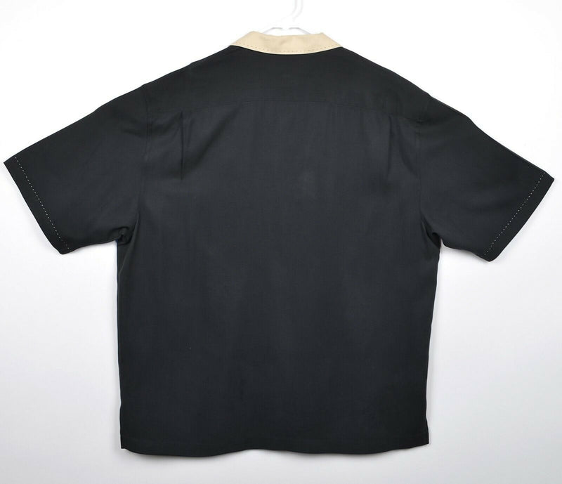 Nat Nast Men's Sz Large 100% Silk Black Tan Stitch Accent Bowling Camp Shirt