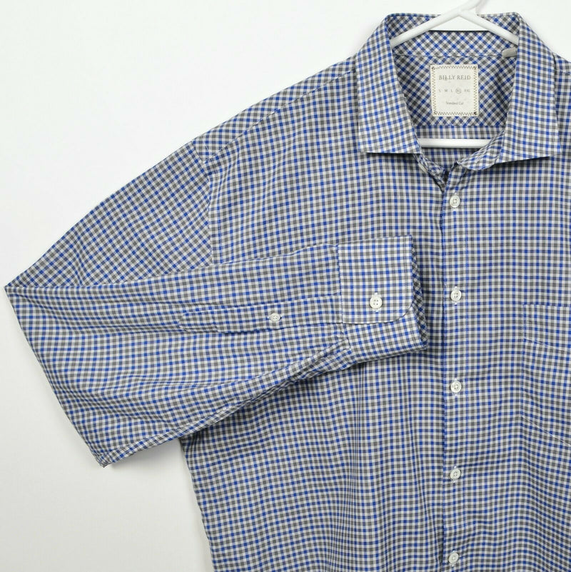 Billy Reid Men XL Standard Cut Blue Gray Check Spread Collar Button-Front Shirt