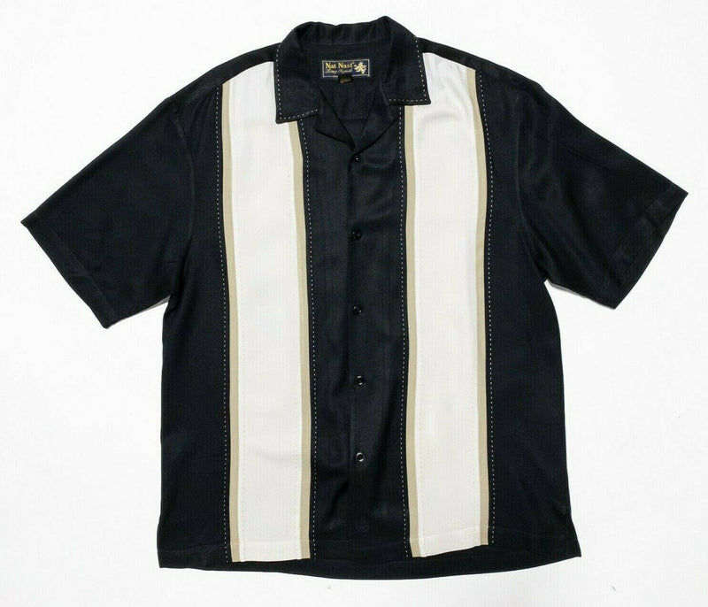 Nat Nast Medium Silk Shirt Panel Striped Bowling Retro Hawaiian Black Luxury