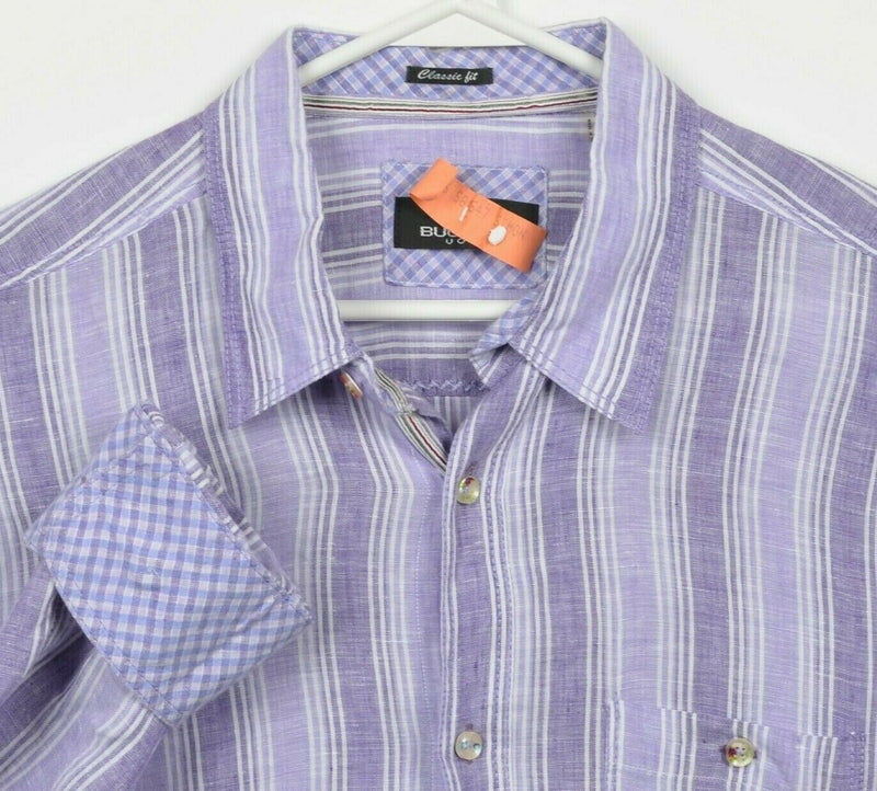 Bugatchi Uomo Men's XL Classic Fit 100% Linen Flip Cuff Purple Striped Shirt