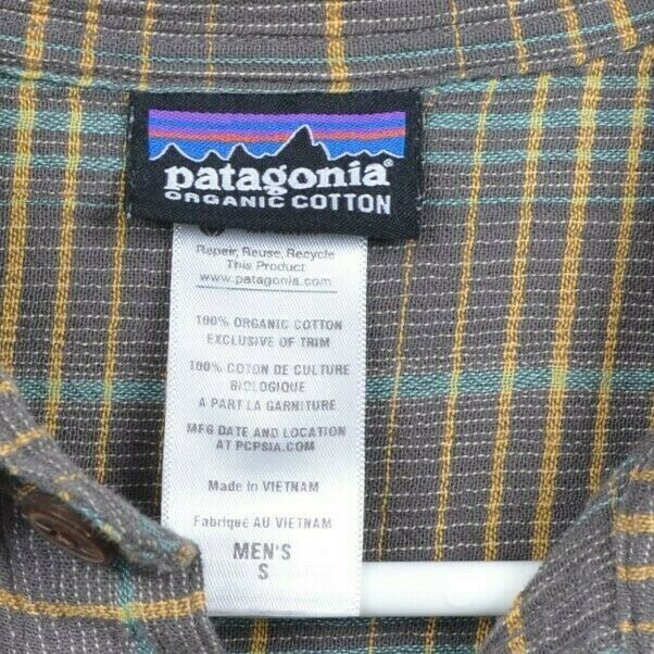 Patagonia Men's Sz Small Organic Cotton Seersucker Gray Plaid Hiking Shirt