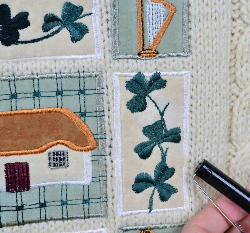 Acorn Aran Women's Medium Cable-Knit Shamrock Harp Embroidered Irish Sweater