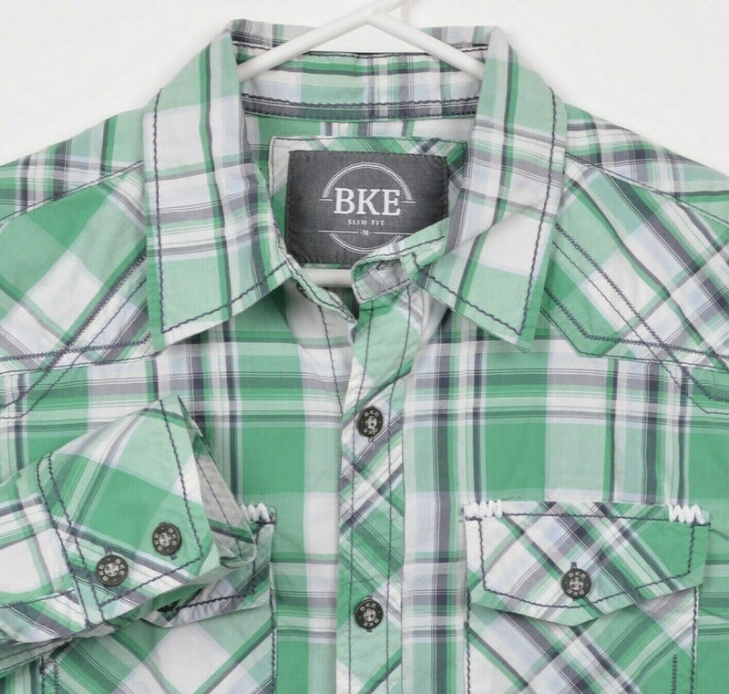 BKE Men's Medium Slim Fit Green Plaid Buckle Long Sleeve Button-Front Shirt