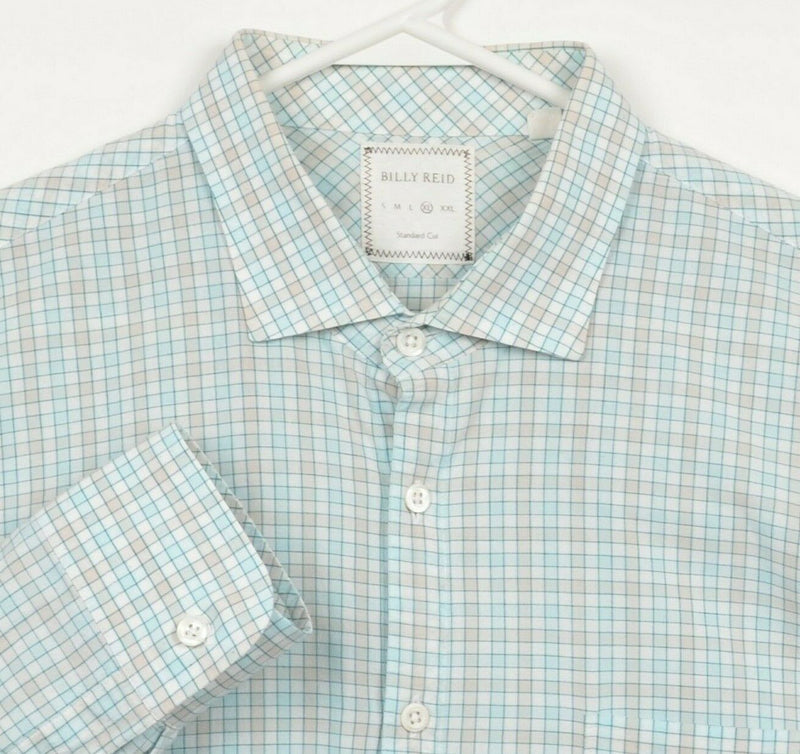 Billy Reid Men's XL Standard Cut Aqua Blue Check Button-Front Shirt