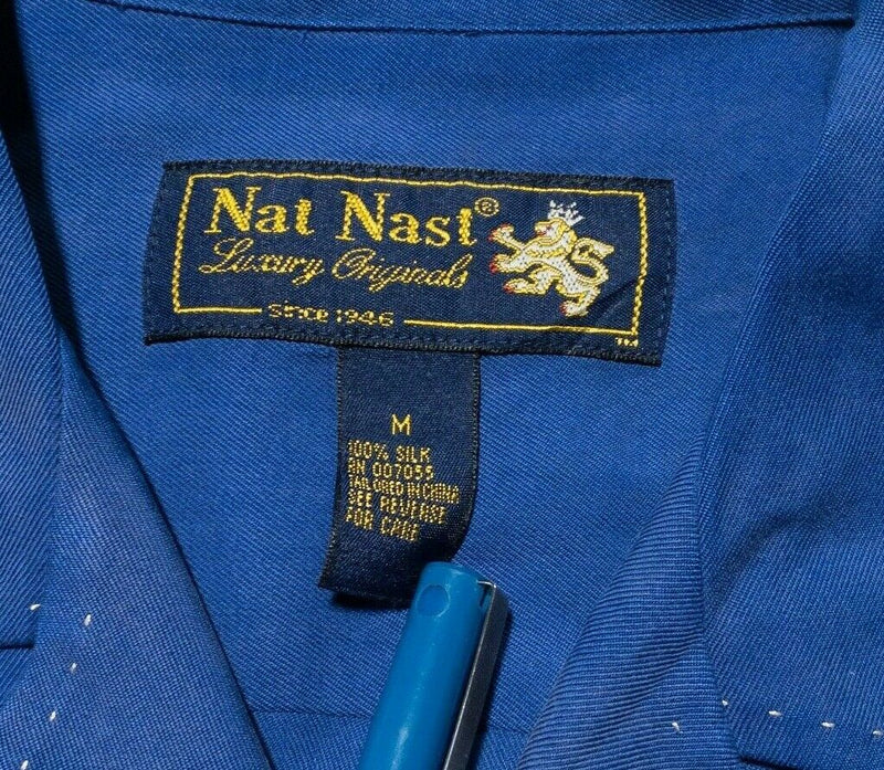 Nat Nast Silk Shirt Medium Men's Hawaiian Bowling Retro Blue Loop Collar Camp