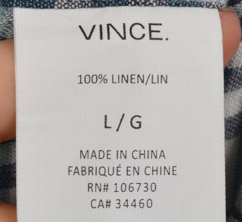 VINCE. Men's Large 100% Linen Blue Plaid Short Sleeve Button-Front Shirt