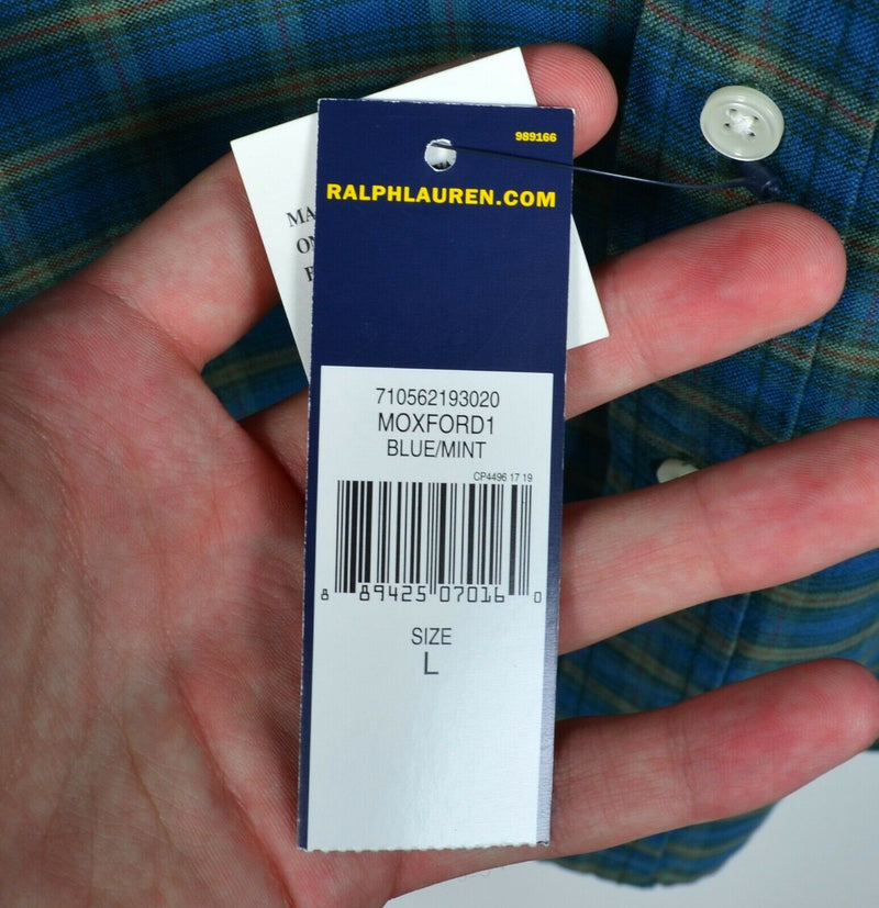 Polo Ralph Lauren Men's Large Blue Mint Green Plaid Button-Down Oxford Shirt