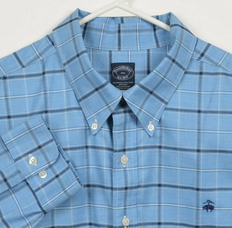 Brooks Brothers Men's 2XL Blue Navy Plaid Logo Non-Iron Button-Down Shirt