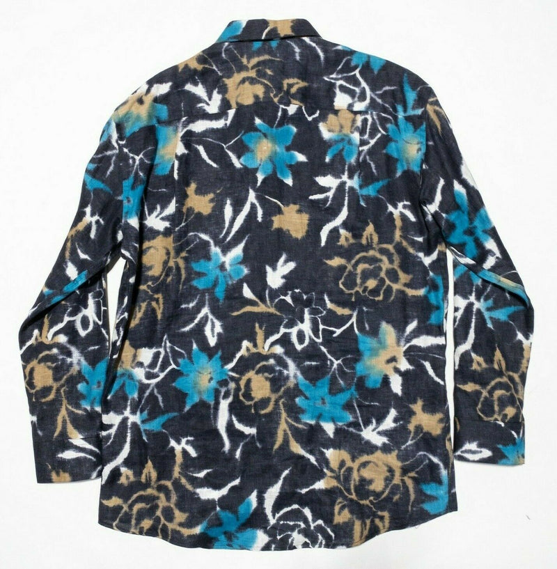 Zanella Linen Shirt Men's XL Floral Abstract Art Lightweight Long Sleeve Italy