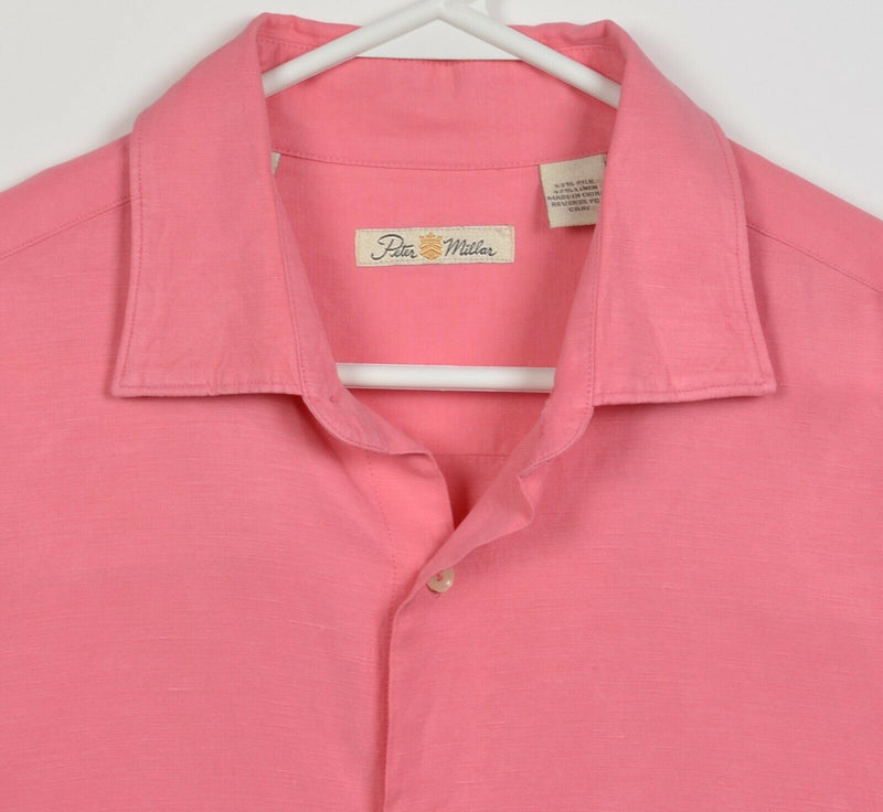 Peter Millar Men's Large Silk Linen Blend Solid Pink Hawaiian Camp Shirt