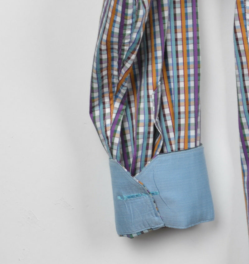 Bugatchi Uomo Men's Large Classic Fit Flip Cuff Multi-Color Check Designer Shirt