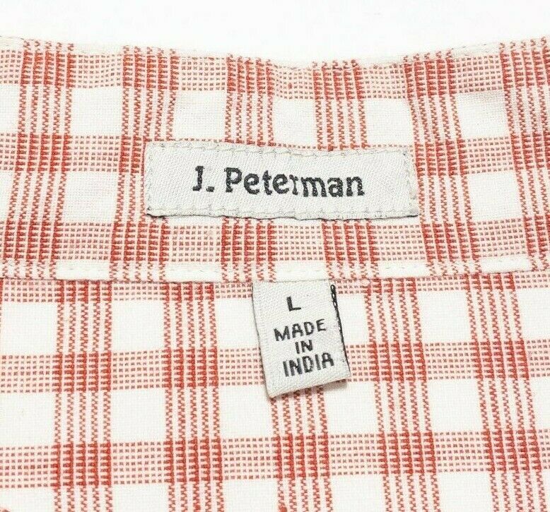 J. Peterman Band Mandarin Collar Popover Shirt Orange Red Check Men's Large