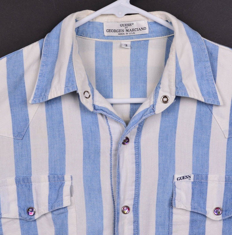 Vtg 90s GUESS Men's Sz Large Pearl Snap Denim Striped Hippie Western Shirt