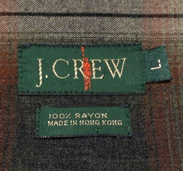 J. Crew Camp Shirt Men's Large Loop Collar Vintage 90s Oarsman Rayon Plaid Brown