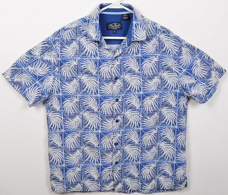 Nat Nast Men's Medium Silk Blend Blue White Floral Hawaiian Bowling Retro Shirt
