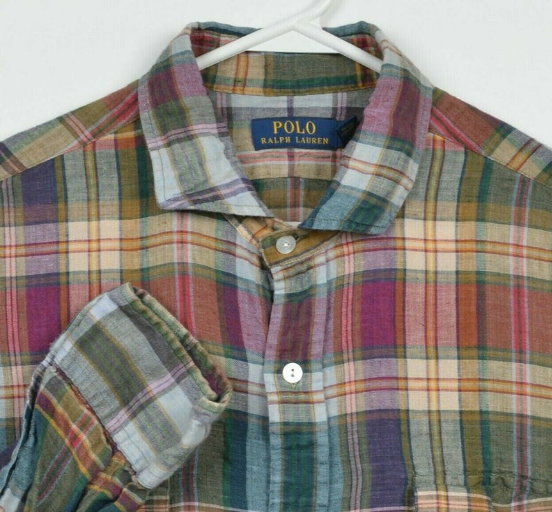 Polo Ralph Lauren Men's XL 100% Linen Brown Red Tartan Plaid Button-Front Shirt