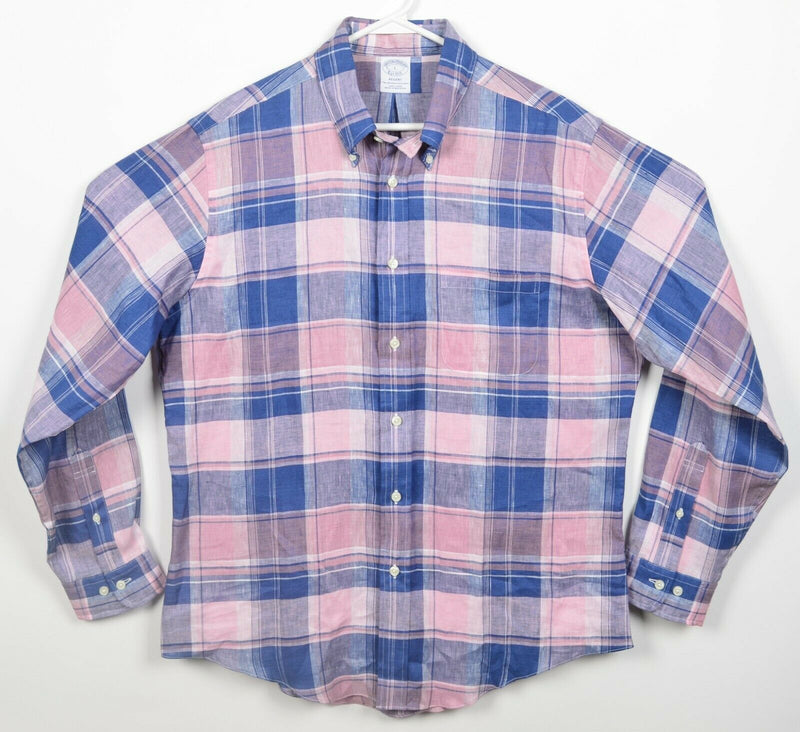 Brooks Brothers Men's Large Baird McNutt Irish Linen Pink Blue Plaid Shirt