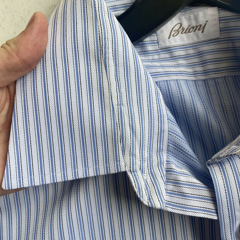 Brioni Men's Large (16) Blue White Striped Made in Italy Button Dress Shirt