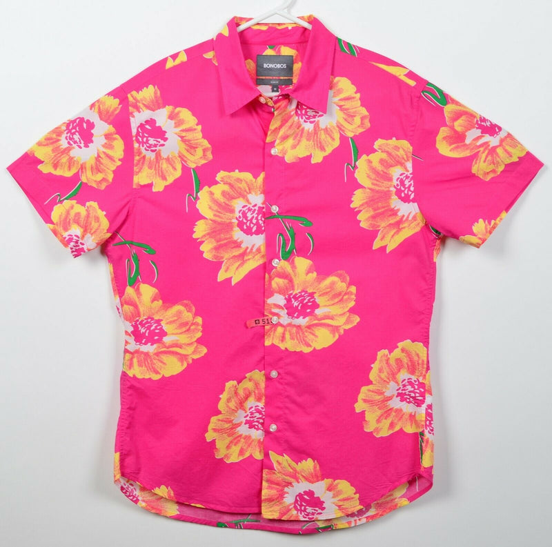 Bonobos Men's Medium Slim Fit Hot Pink Floral Short Sleeve Button-Front Shirt