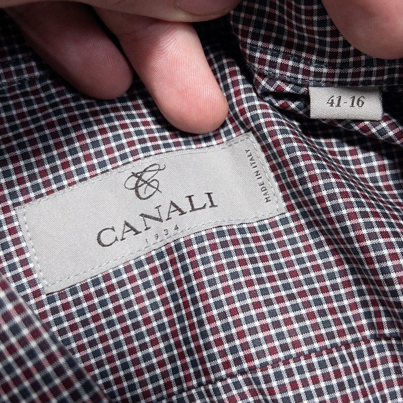 Canali Shirt 16 (41) Men's Italian Dress Shirt Red Gray Check Long Sleeve