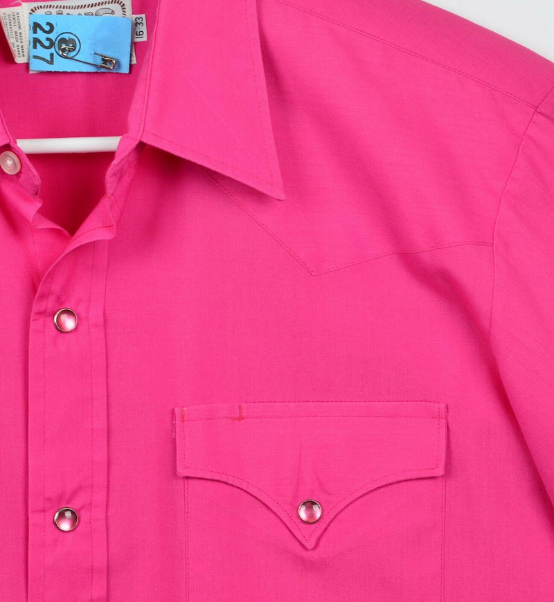 Vtg 80s H Bar C Men's Sz 16 Large Pearl Snap Solid Bright Pink Western Shirt