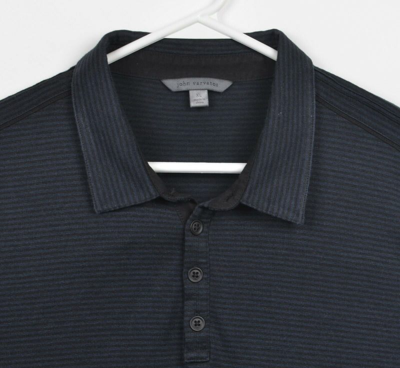 John Varvatos Men's XL Black Blue Striped Silk Cotton Short Sleeve Polo Shirt