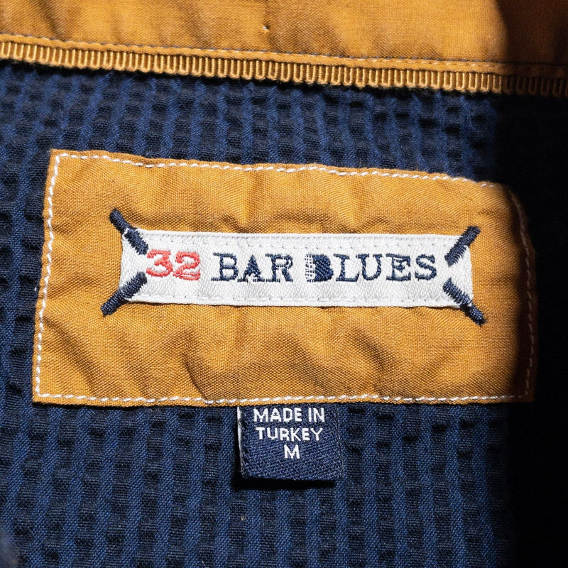 32 Bar Blues Pearl Snap Shirt Men's Medium Navy Blue Seersucker Long Sleeve