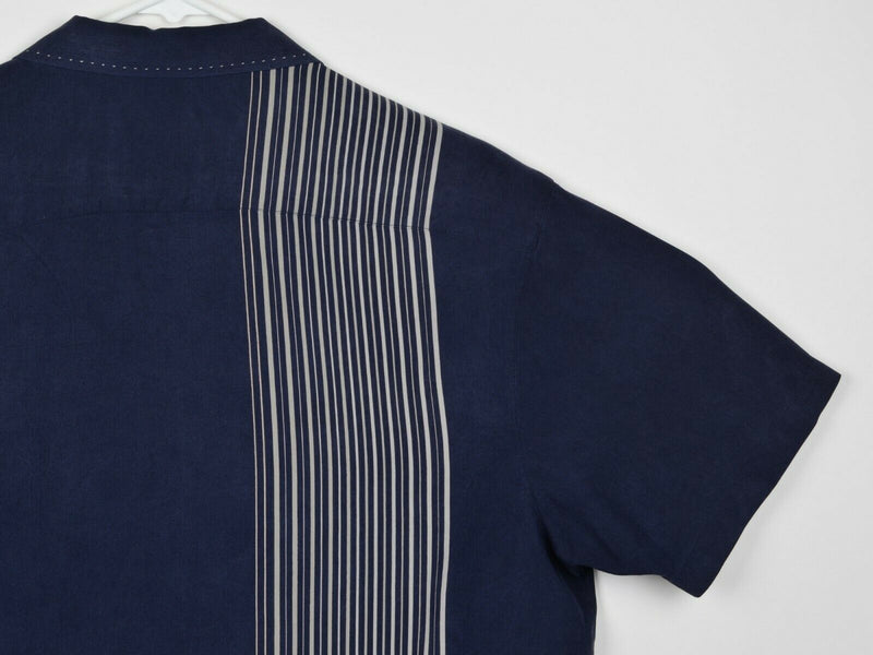 Nat Nast Men's Sz Medium 100% Silk Navy Striped Bowling Camp Hawaiian Shirt