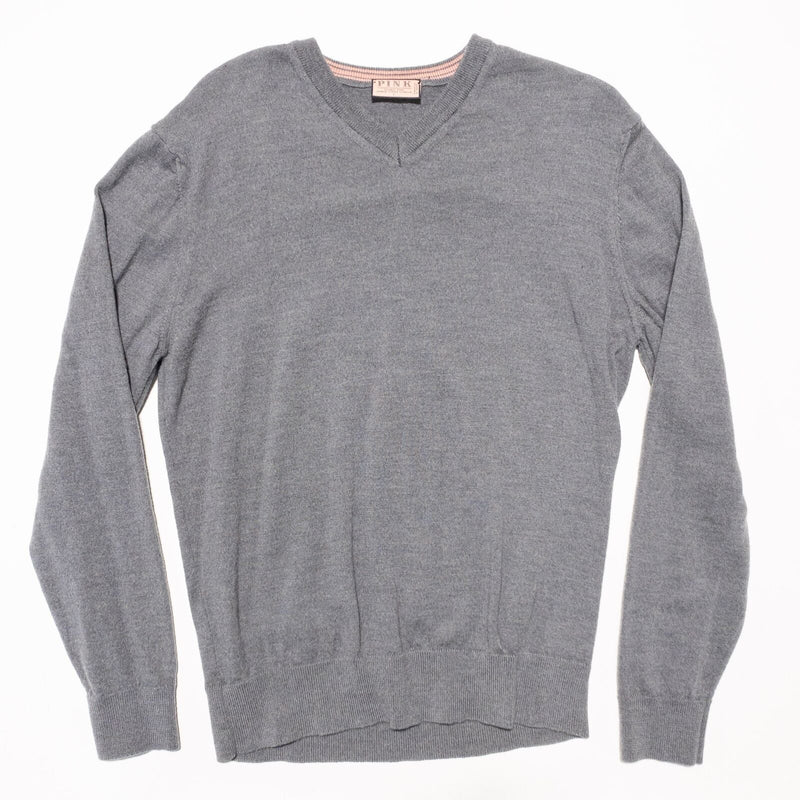 Thomas Pink Merino Wool Sweater Men's Fits Small Tag Large Gray V-Neck Pullover