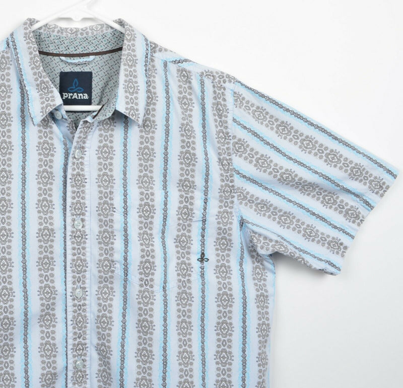 Prana Men's Sz Medium Organic Cotton White Blue Geometric Button-Front Shirt