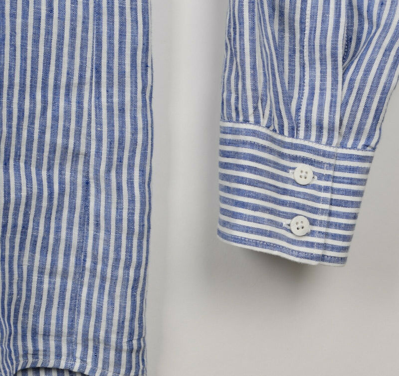 Haupt Germany Men’s Sz Large 100% Linen Blue White Striped Long Sleeve Shirt