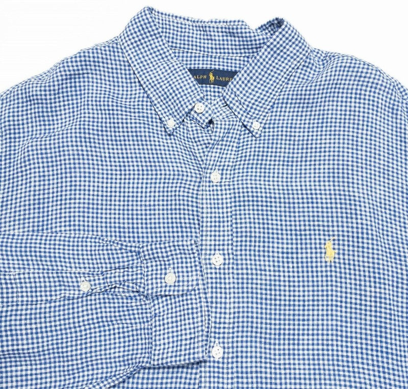 Polo Ralph Lauren Linen Shirt XL Men's Long Sleeve Blue White Check Button-Down