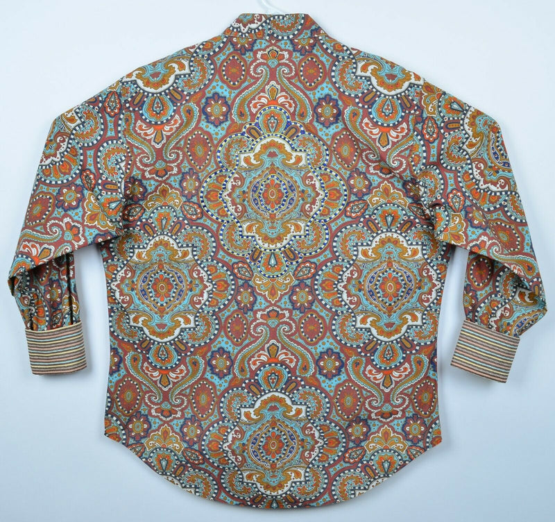 Robert Graham Men's Large Flip Cuff Paisley Multi-Color Aqua Red Designer Shirt