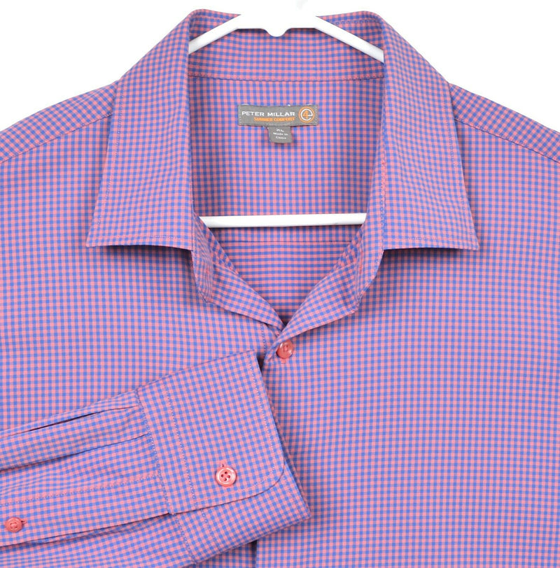 Peter Millar Summer Comfort Men's Sz XL Pink Blue Micro-Check Performance Shirt