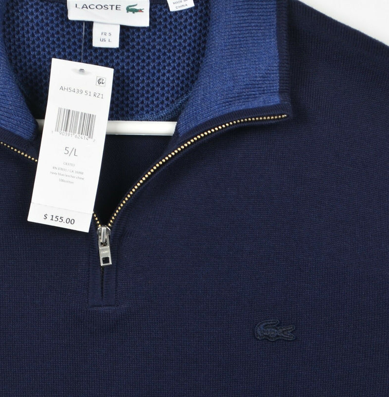 Lacoste Men's Large (5) Navy Blue Elbow Pads 1/4 Zip Pullover Sweater $155