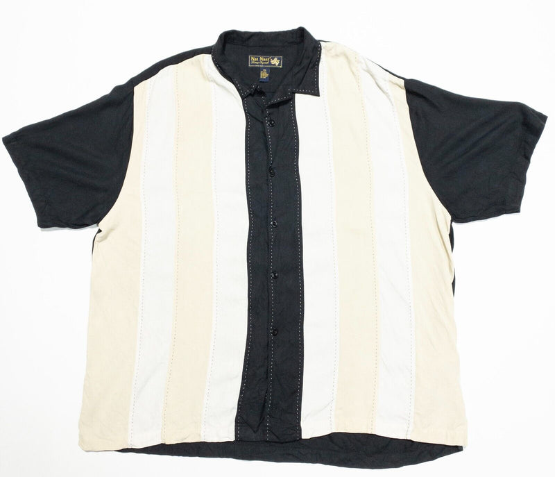 Nat Nast Silk Shirt XXL Men's Panel Bowling Striped Retro White Beige Black 2XL