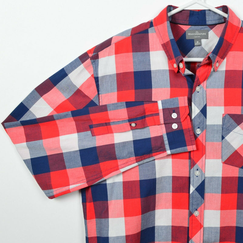 L.L Bean Signature Men's Medium Slim Fit Red Navy Blue Check Button-Down Shirt